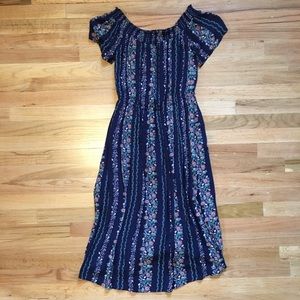 Old Navy blue floral off the shoulder midi dress.